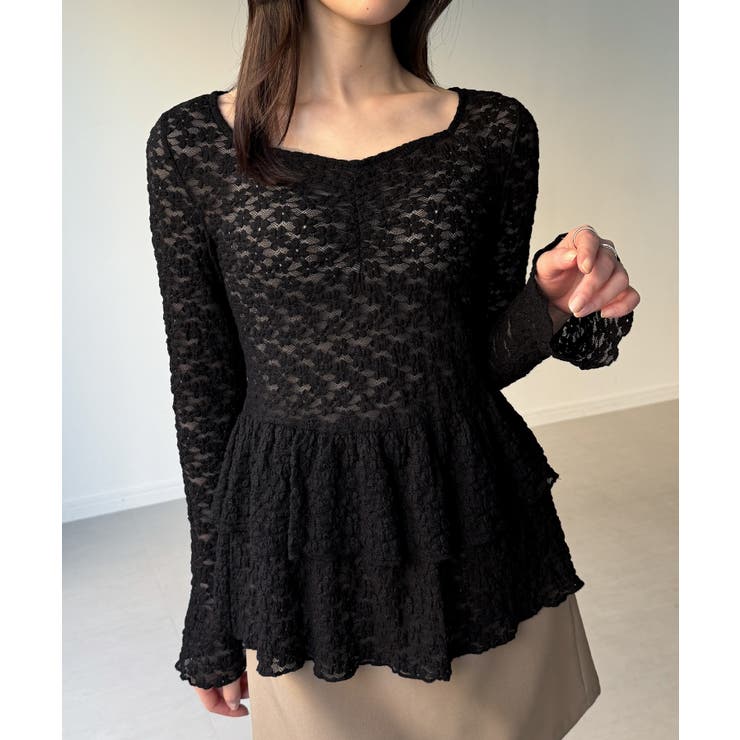 ブラック | カットレースペプラムトップス | JUNOAH