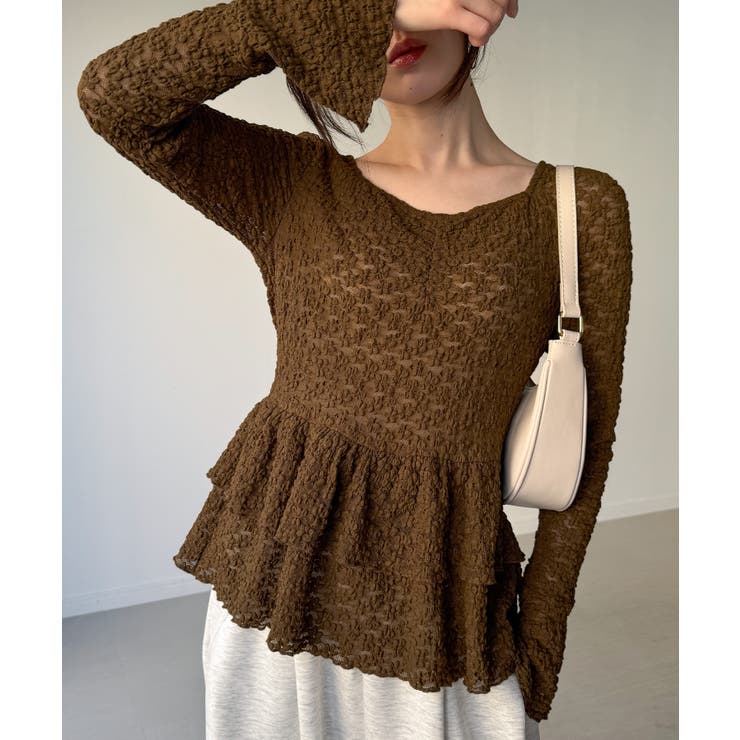 ブラウン | カットレースペプラムトップス | JUNOAH