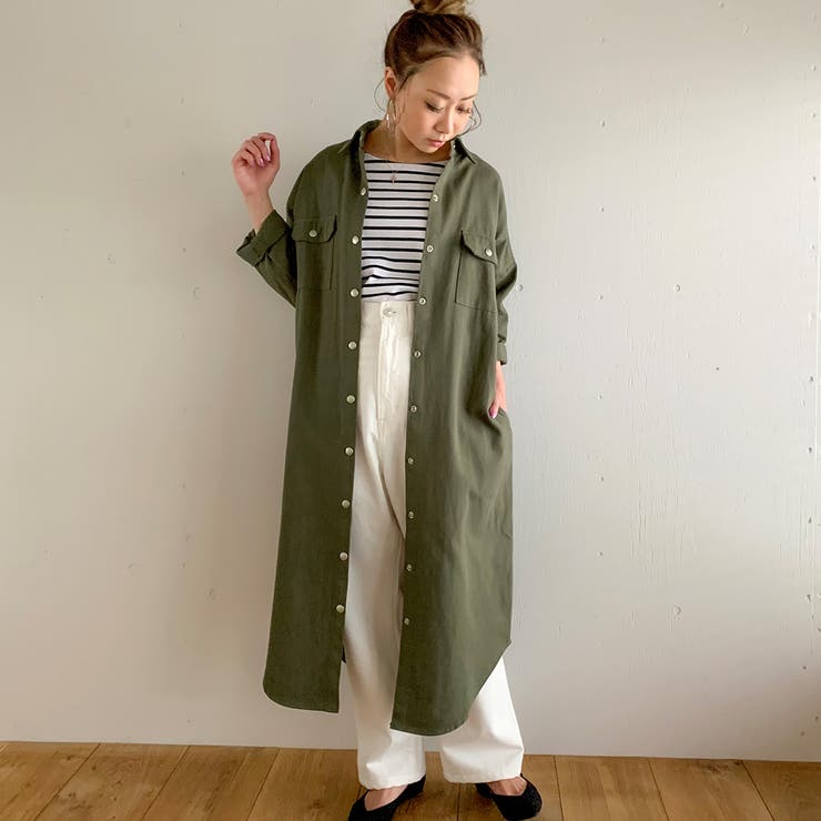 グリーン | スナップボタン2WAYツイルロングワンピース ゆったり リラックス | JUNOAH