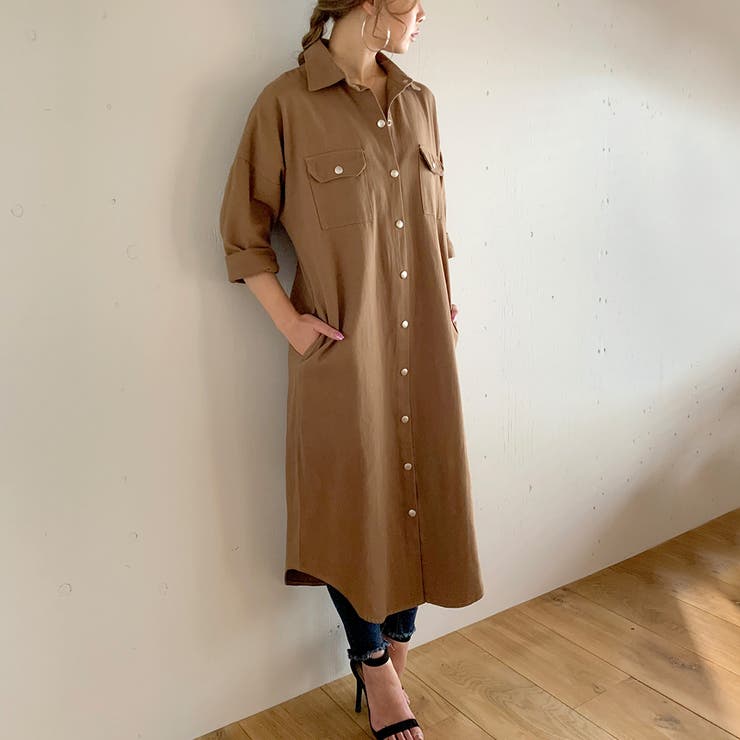 スナップボタン2WAYツイルロングワンピース ゆったり リラックス