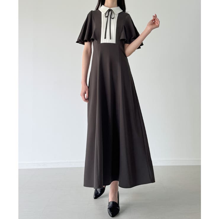 未使用級✨23AW ANAYI ウールフラノワンピース バイカラー ベルト 36 未使用級✨23AW ANAYI ウールフラノワンピース バイカラー