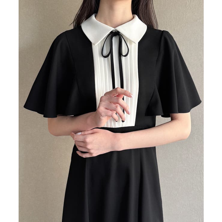 ブラック | バイカラーピンタックセミフレアワンピース | JUNOAH