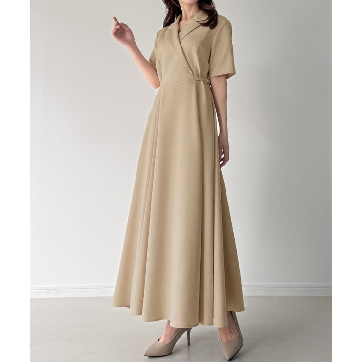 サイドベルト半袖テーラードフレアワンピース[品番：AMTW0012319