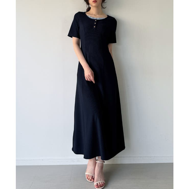 ネイビー | レイヤードネック リブ風カットワンピース | JUNOAH