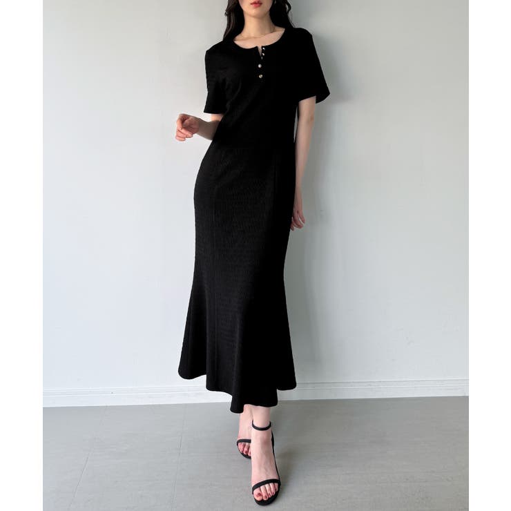 ブラック | ヘンリーネックストレッチジャガードワンピース | JUNOAH