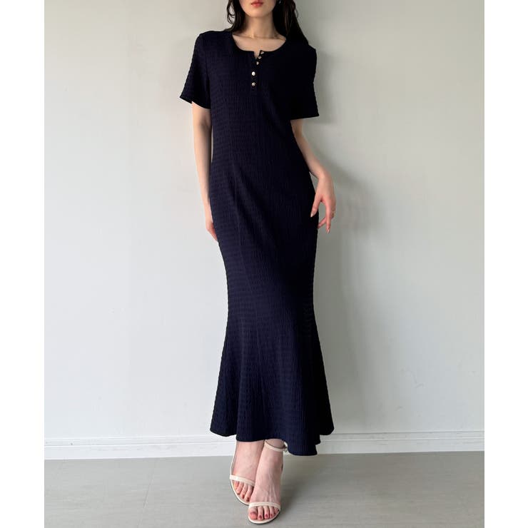 ネイビー | ヘンリーネックストレッチジャガードワンピース | JUNOAH