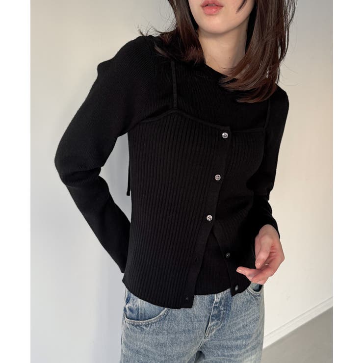 ブラック | 釦ニットビスチェ＋クルーネックリブニットset | JUNOAH