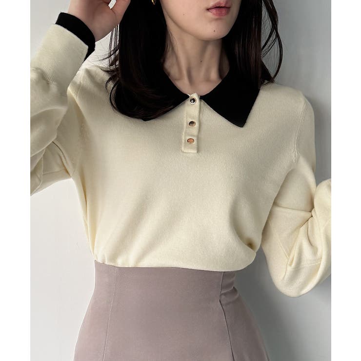 バイカラーボリュームスリーブニットポロ | JUNOAH | 詳細画像5 