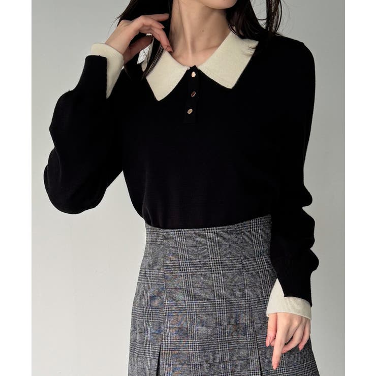 バイカラーボリュームスリーブニットポロ | JUNOAH | 詳細画像8 