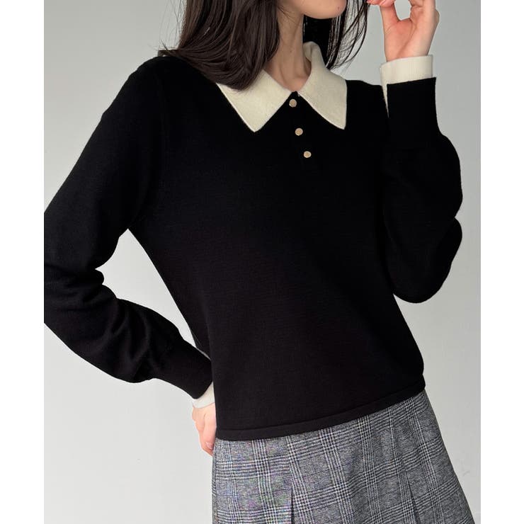 バイカラーボリュームスリーブニットポロ | JUNOAH | 詳細画像9 