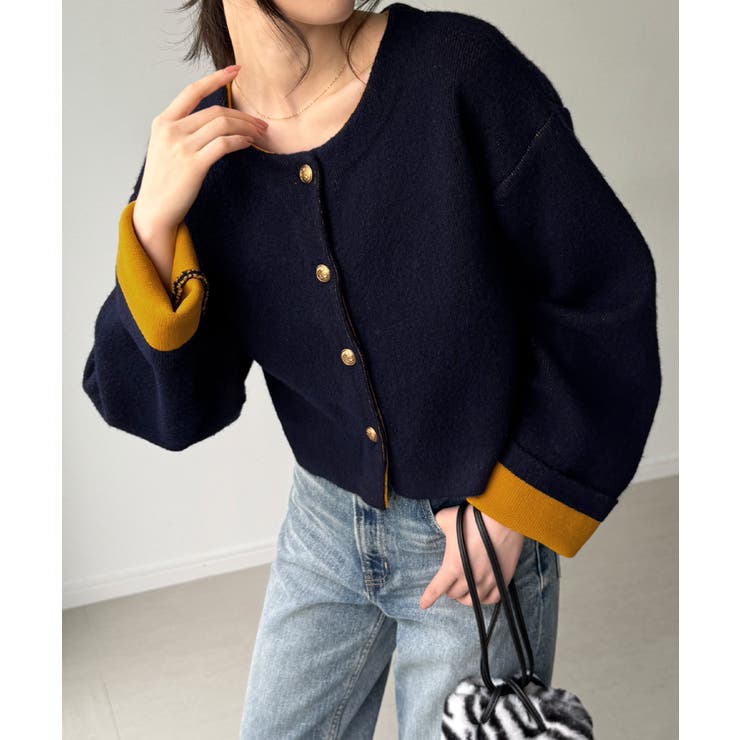 金釦裏配色ショートニットジャケット[品番：AMTW0012868]｜JUNOAH