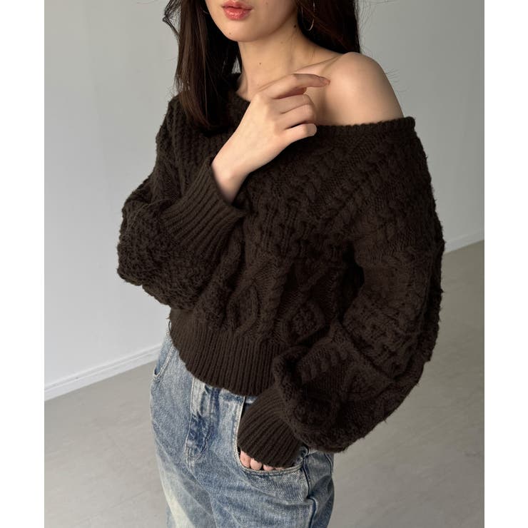 ダークブラウン | 2wayワンショルケーブルショートニット | JUNOAH