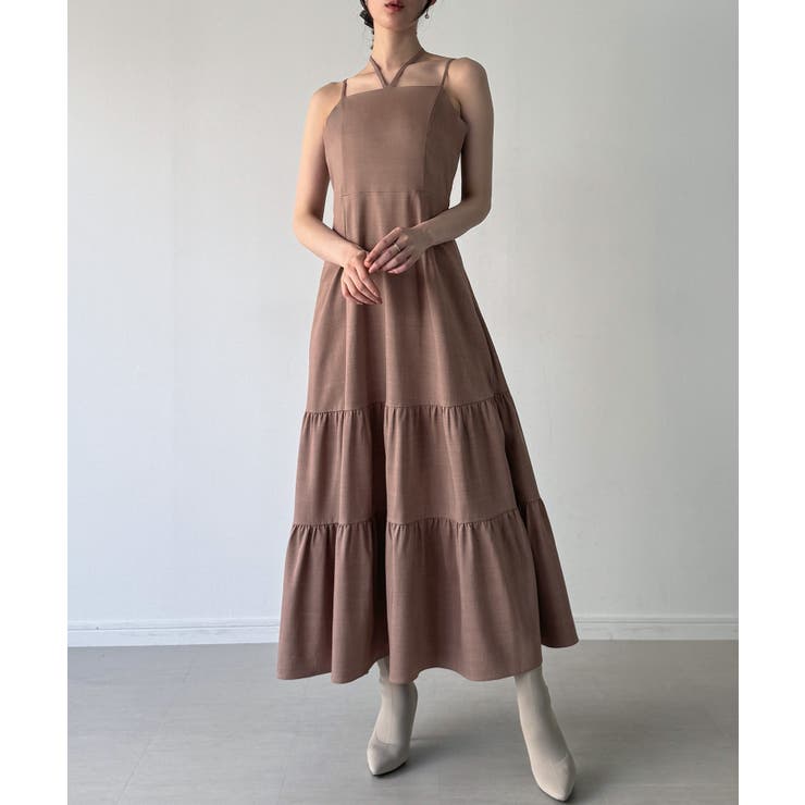 ショートシャギーニットカーディガン+フレアキャミワンピース[品番