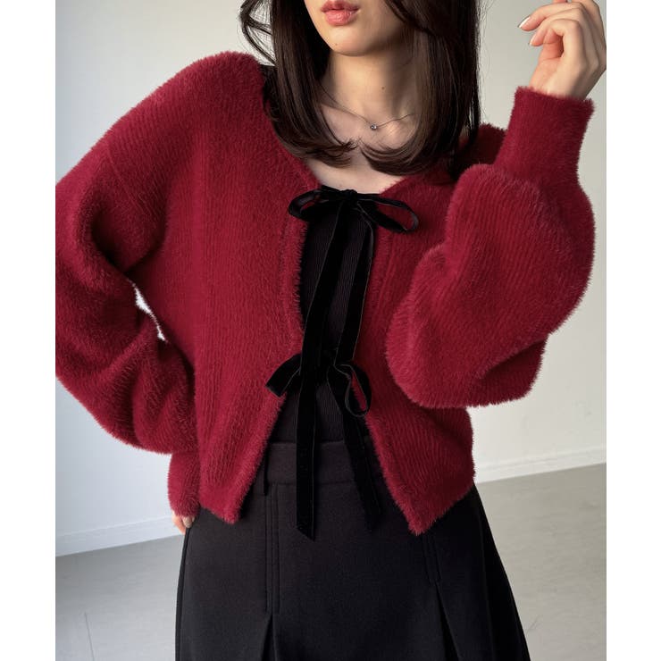 レッド | 2wayベロアリボンシャギーニットカーディガン | JUNOAH