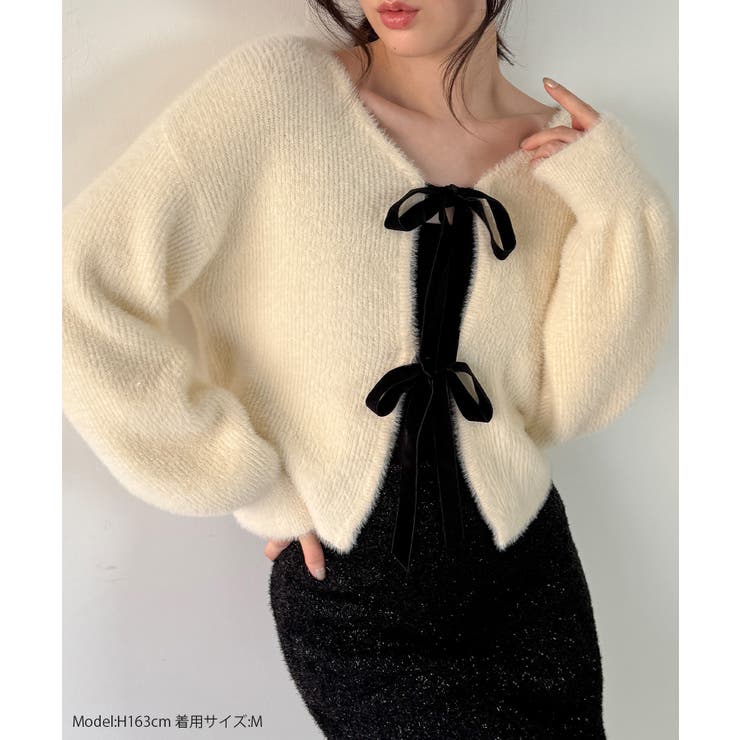 2wayベロアリボンシャギーニットカーディガン | JUNOAH | 詳細画像2 