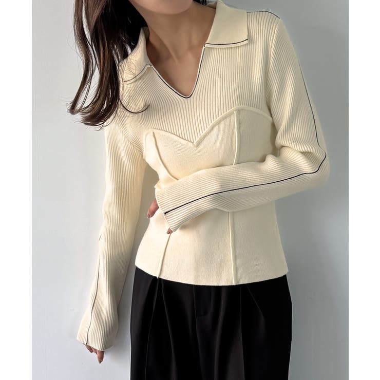 アイボリー | 配色ラインビスチェデザインリブニット | JUNOAH