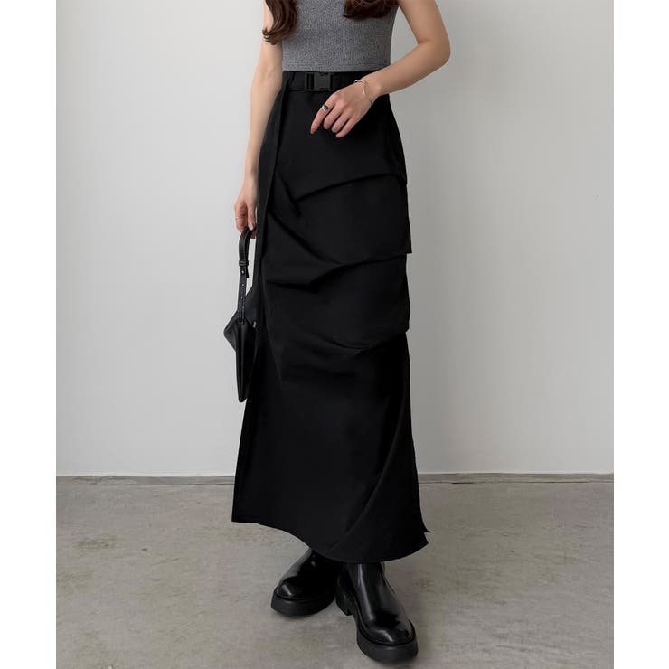 ブラック | callautia ベルト付きサイドタックデザインスカート | JUNOAH
