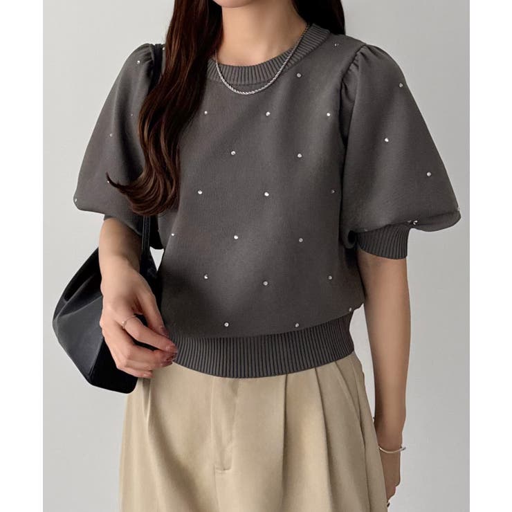 callautia パフスリーブラインストーンニット[品番：AMTW0012306