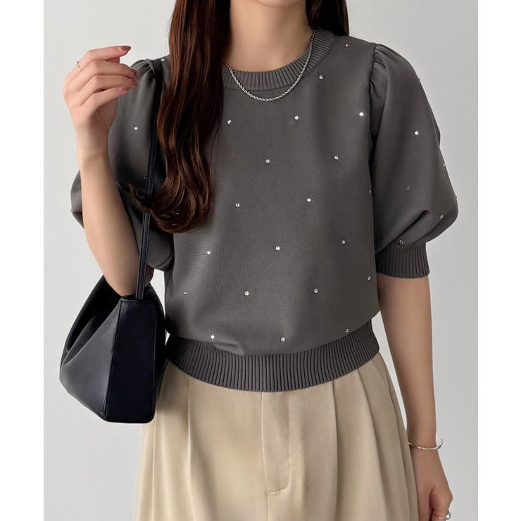 チャコール | callautia パフスリーブラインストーンニット | JUNOAH