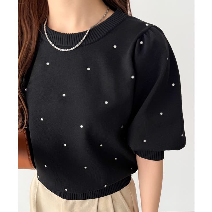 callautia パフスリーブラインストーンニット | JUNOAH | 詳細画像3 