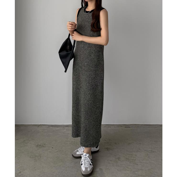 ブラック | callautia メランジ配色ニットタンクワンピース | JUNOAH