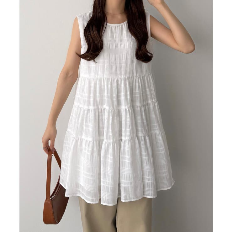 ホワイト | callautia シアーチェックティアードチュニック | JUNOAH