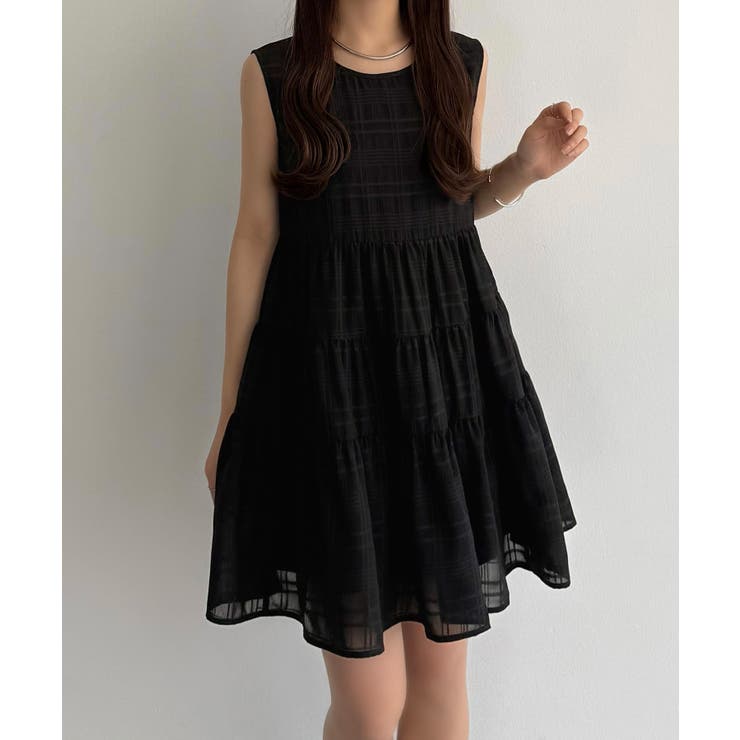 ブラック | callautia シアーチェックティアードチュニック | JUNOAH