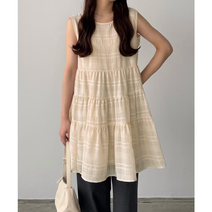 クリーム | callautia シアーチェックティアードチュニック | JUNOAH