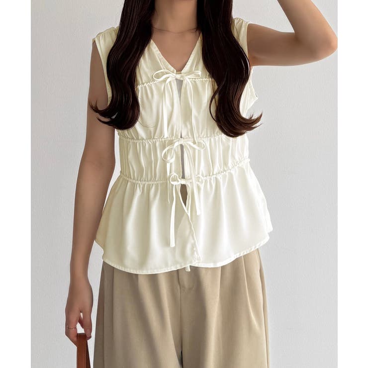 HAPPY BAG対象アイテム】ギャザーV ノースリシャツ白 バンド