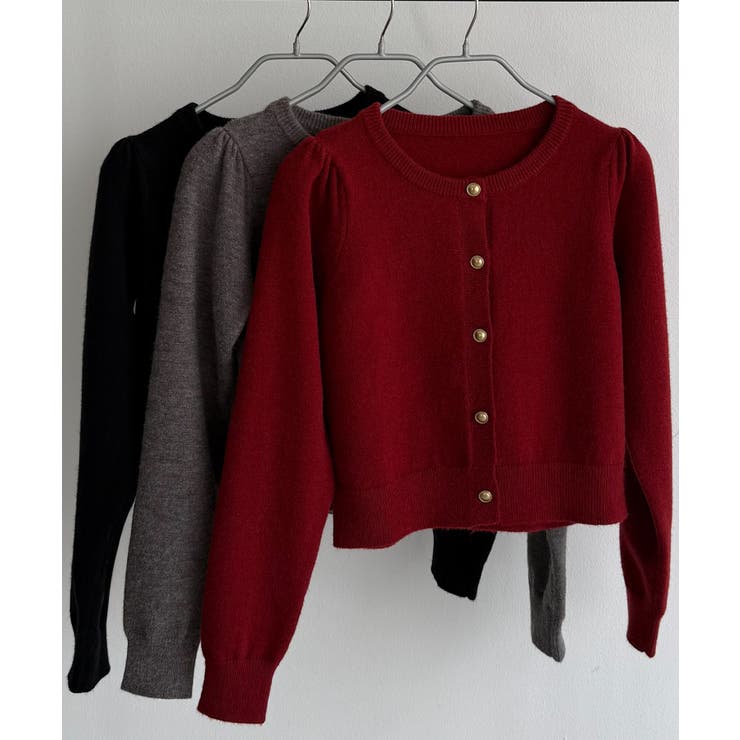 callautia 金ボタンパフスリーブショートニットカーディガン