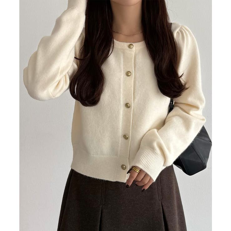 callautia 金ボタンパフスリーブショートニットカーディガン