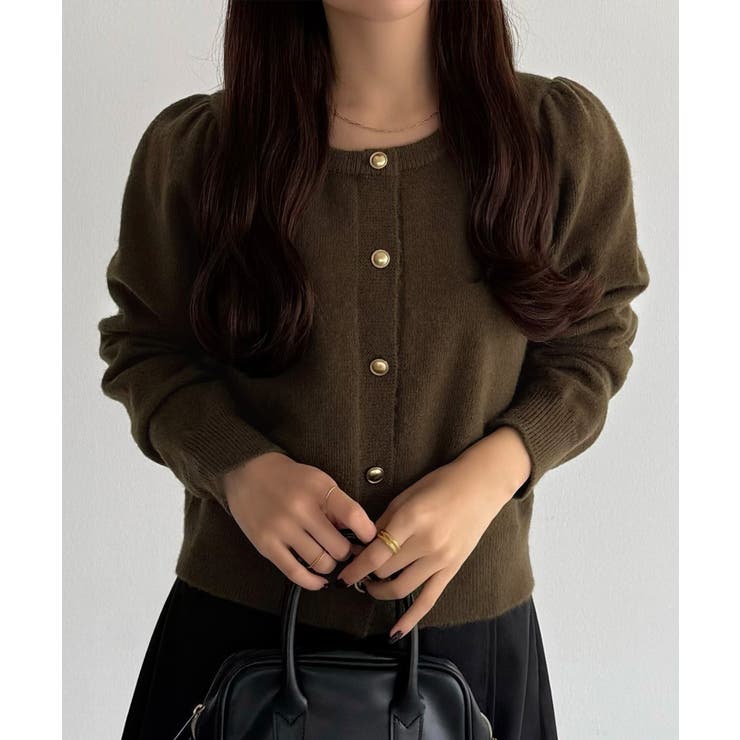 ブラウン | callautia 金ボタンパフスリーブショートニットカーディガン | JUNOAH