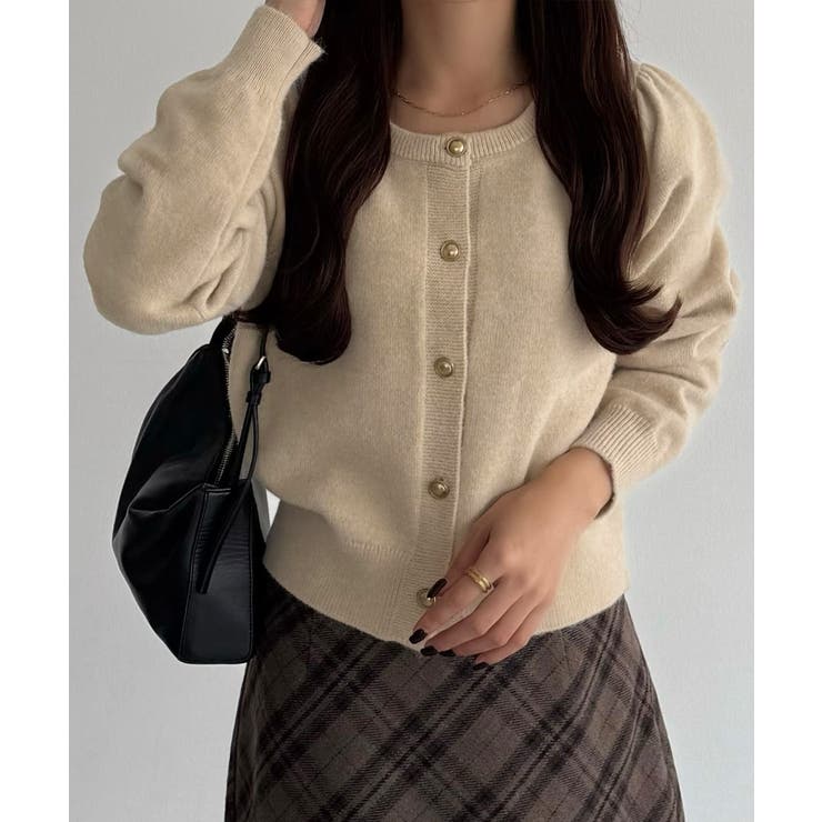 ライトベージュ | callautia 金ボタンパフスリーブショートニットカーディガン | JUNOAH