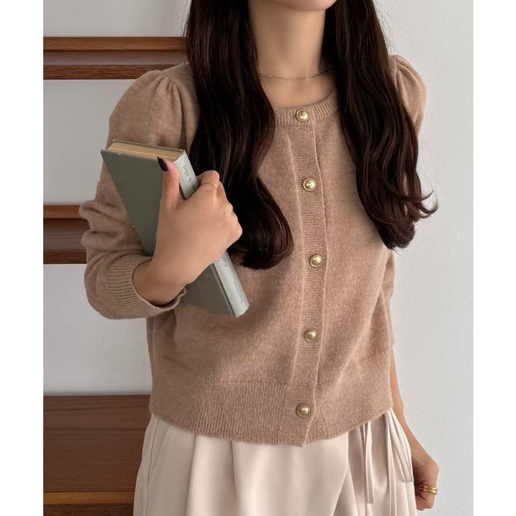 ピンク | callautia 金ボタンパフスリーブショートニットカーディガン | JUNOAH