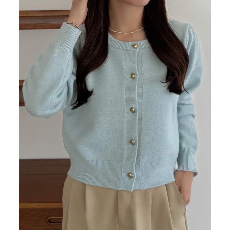 ライトブルー | callautia 金ボタンパフスリーブショートニットカーディガン | JUNOAH
