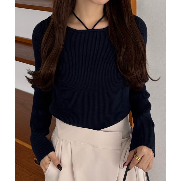 ネイビー | callautia ホルターネックリブニット | JUNOAH