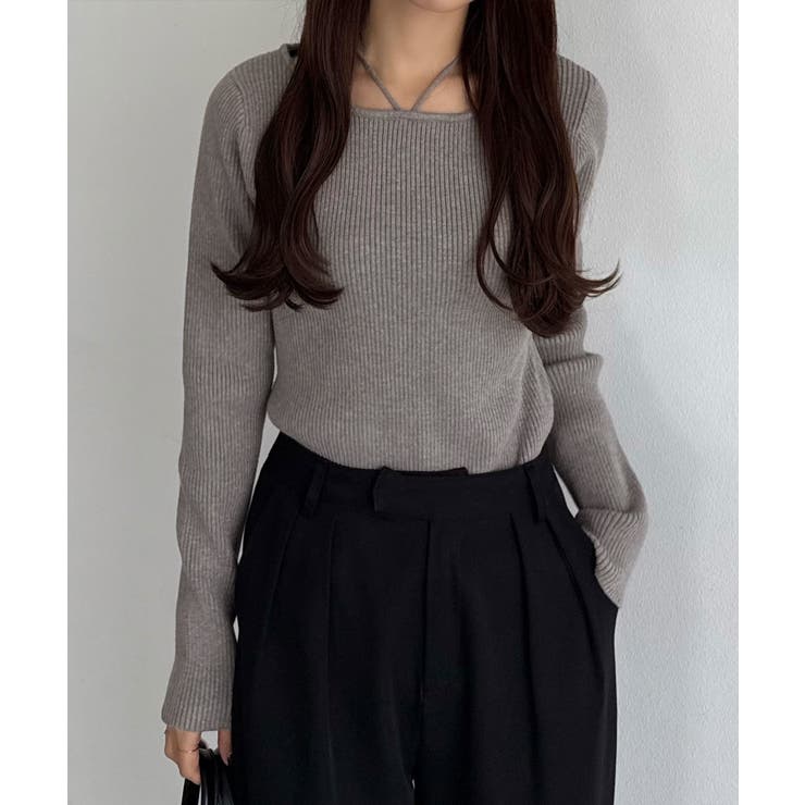 グレー | callautia ホルターネックリブニット | JUNOAH