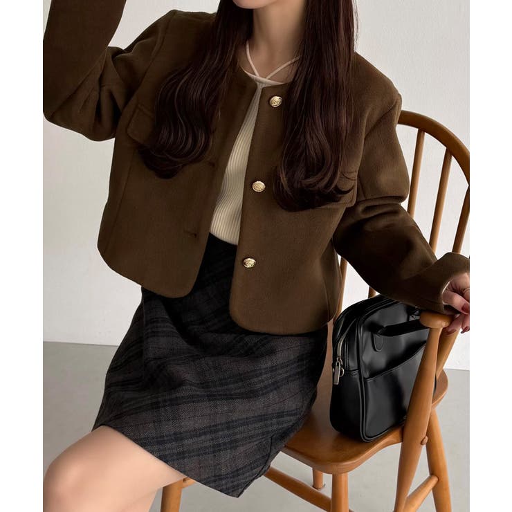 callautia ウールライクゴールドボタンノーカラージャケット | JUNOAH | 詳細画像17 