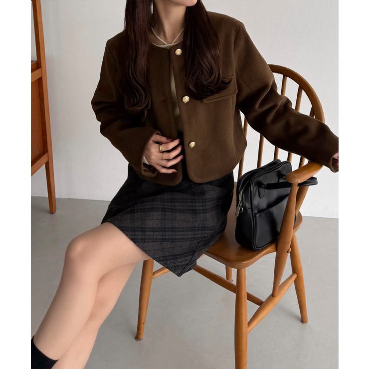 callautia ウールライクゴールドボタンノーカラージャケット | JUNOAH | 詳細画像18 