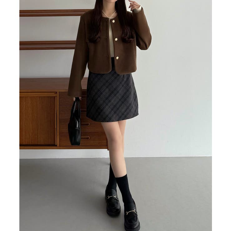 callautia ウールライクゴールドボタンノーカラージャケット | JUNOAH | 詳細画像19 