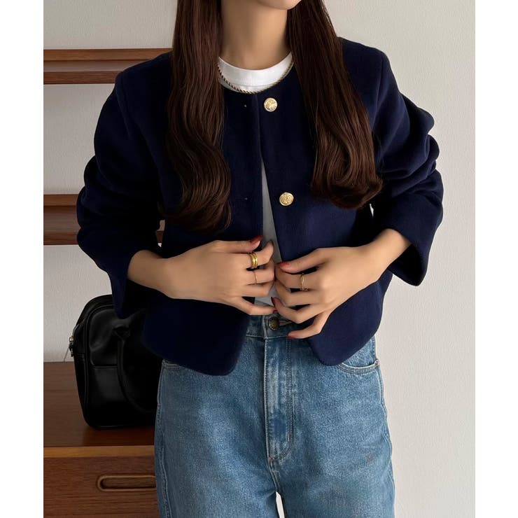 callautia ウールライクゴールドボタンノーカラージャケット | JUNOAH | 詳細画像20 