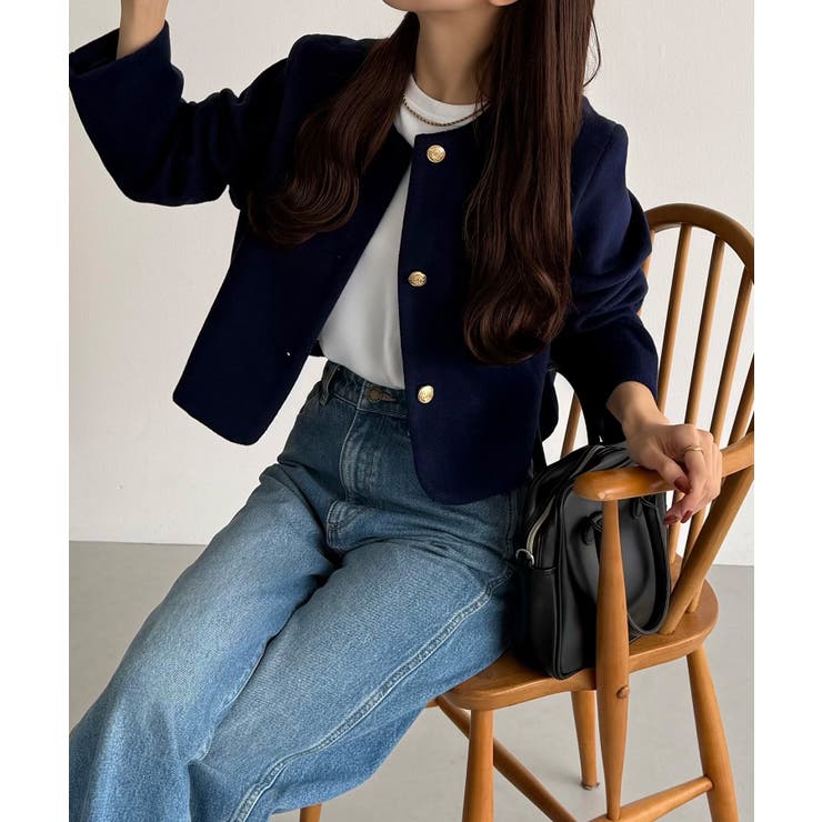 callautia ウールライクゴールドボタンノーカラージャケット[品番