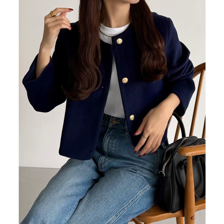 callautia ウールライクゴールドボタンノーカラージャケット[品番