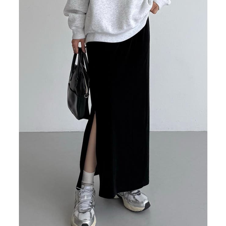 ブラック | callautia ファスナースリットIラインべロアスカート（薄手、裏地なし） | JUNOAH