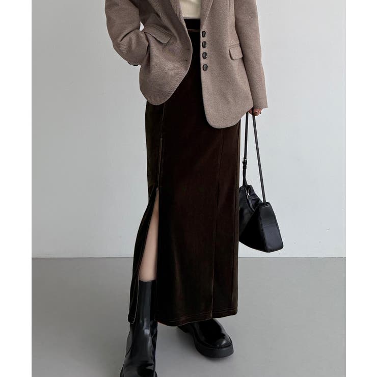 ブラウン | callautia ファスナースリットIラインべロアスカート（薄手、裏地なし） | JUNOAH