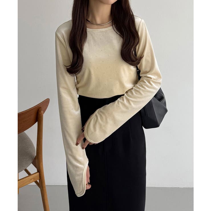 ライトベージュ | callautia バックオープンストーンベロアカットソー | JUNOAH