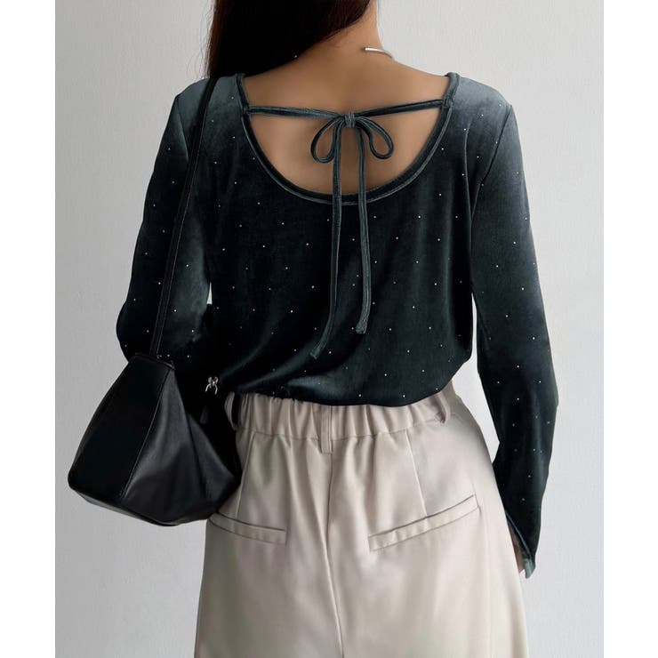 チャコール | callautia バックオープンストーンベロアカットソー | JUNOAH