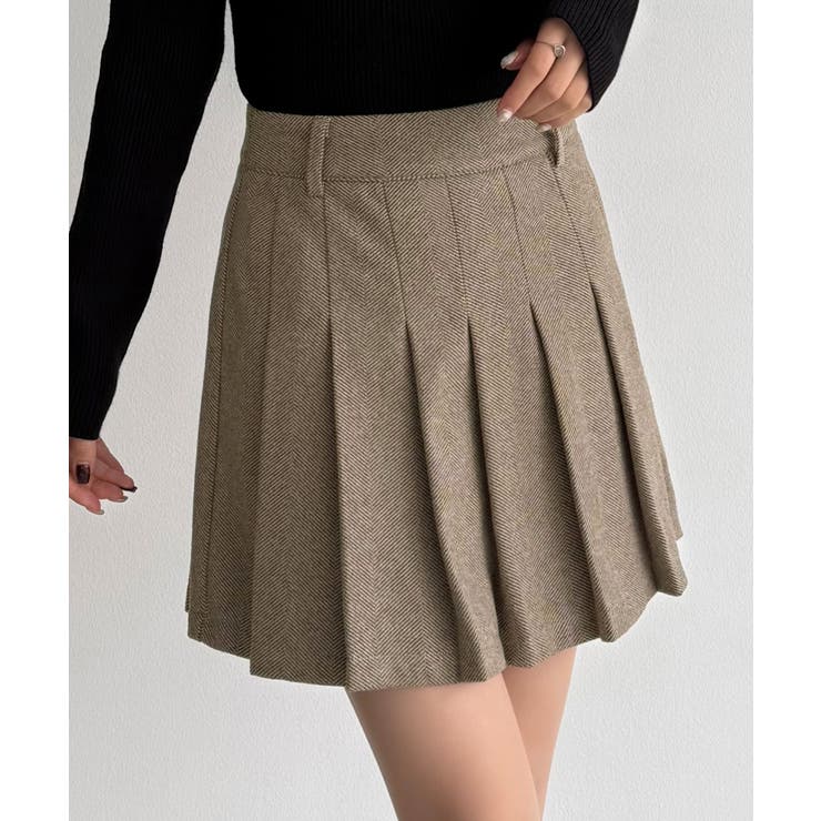 ライトブラウン | callautia ローウエストヘリンボーンプリーツミニスカート（インパン付き） | JUNOAH