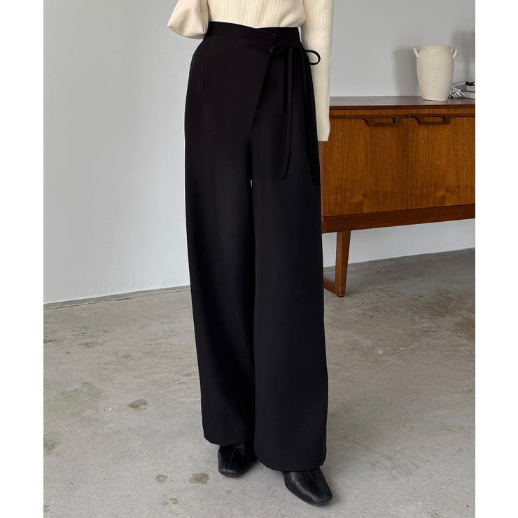 ブラック | callautia 薄手ラップリボンスラックスパンツ（裏地無し） | JUNOAH