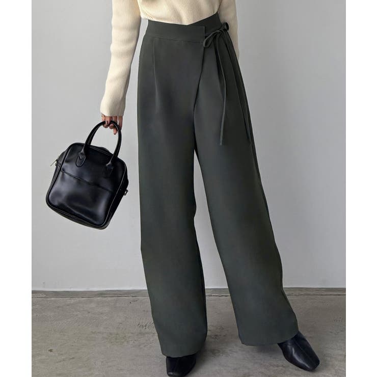 チャコール | callautia 薄手ラップリボンスラックスパンツ（裏地無し） | JUNOAH